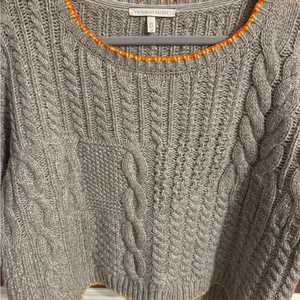 Victoria's Secret Gray Cable Knit Sweater with Orange Trim